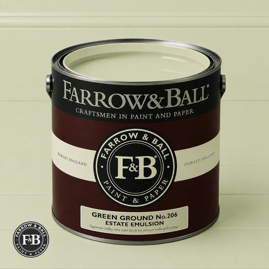 Farrow & Ball Green Ground No.206 Estate Emulsion paint colour sample and paint tin

