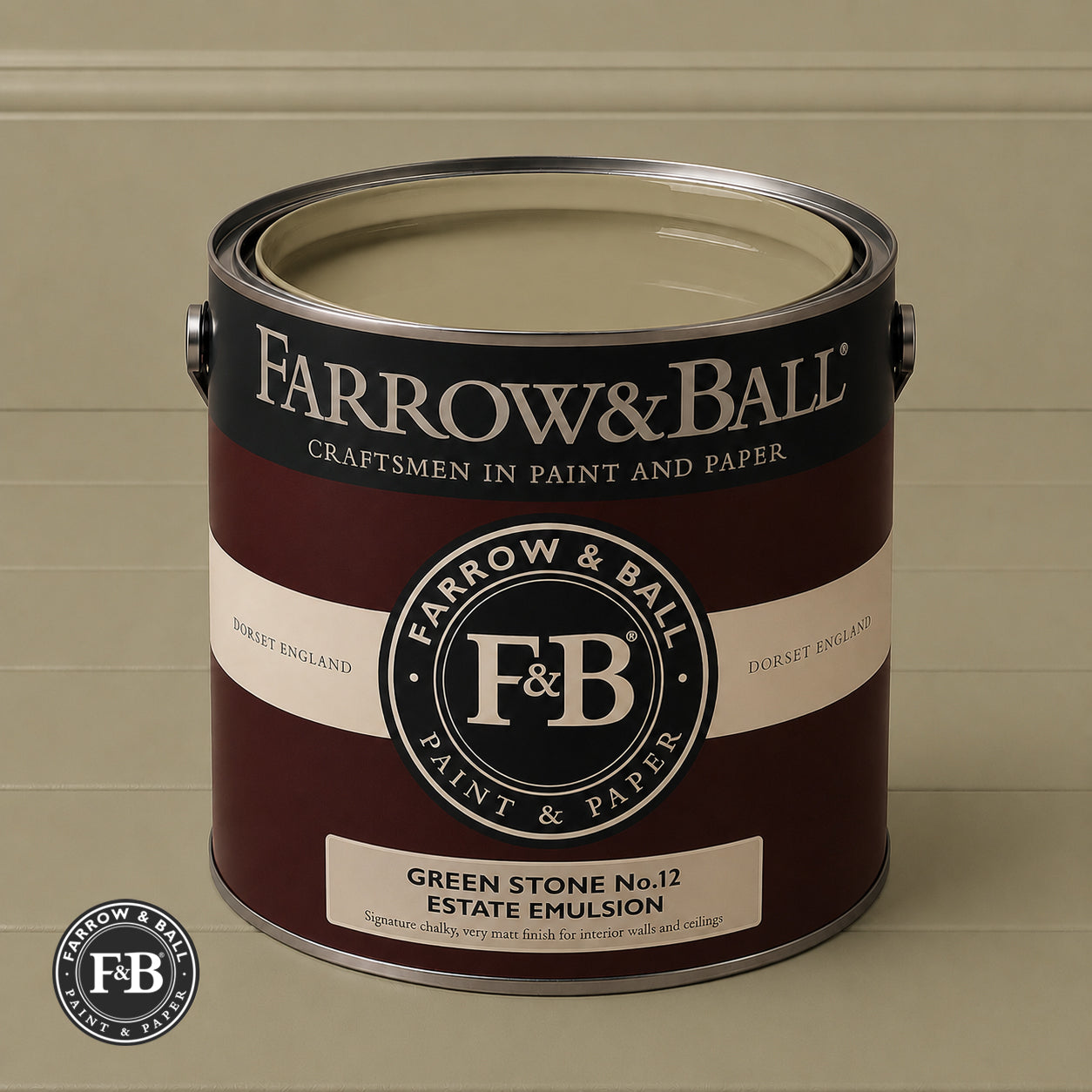 Farrow & Ball Green Stone No.12 Estate Emulsion paint colour sample and paint tin
