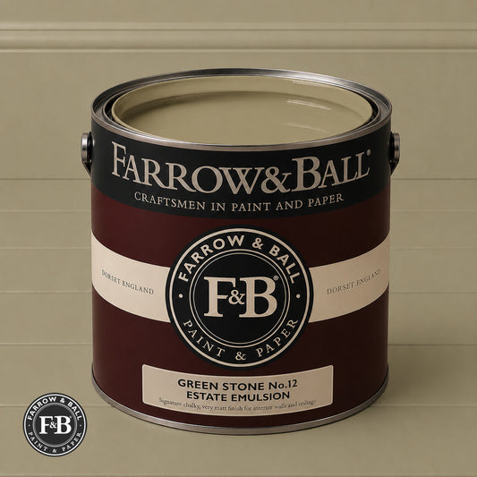 Farrow & Ball Green Stone No.12 Estate Emulsion paint colour sample and paint tin
