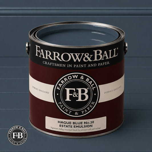 Farrow & Ball Hague Blue No.30 paint colour in open paint tin