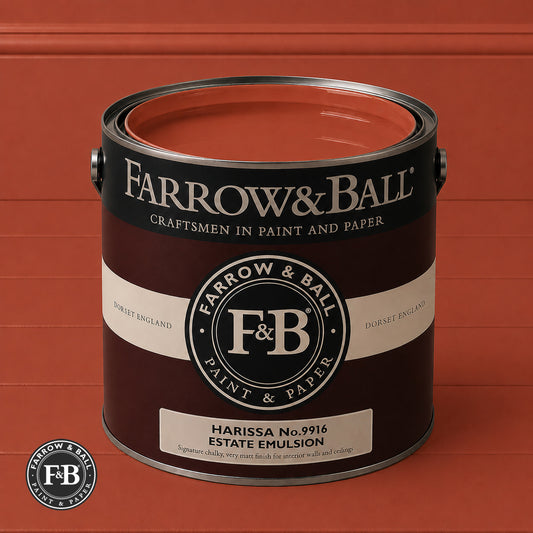 Farrow & Ball Harissa Roof No.9916 Estate Emulsion paint colour sample and paint tin
