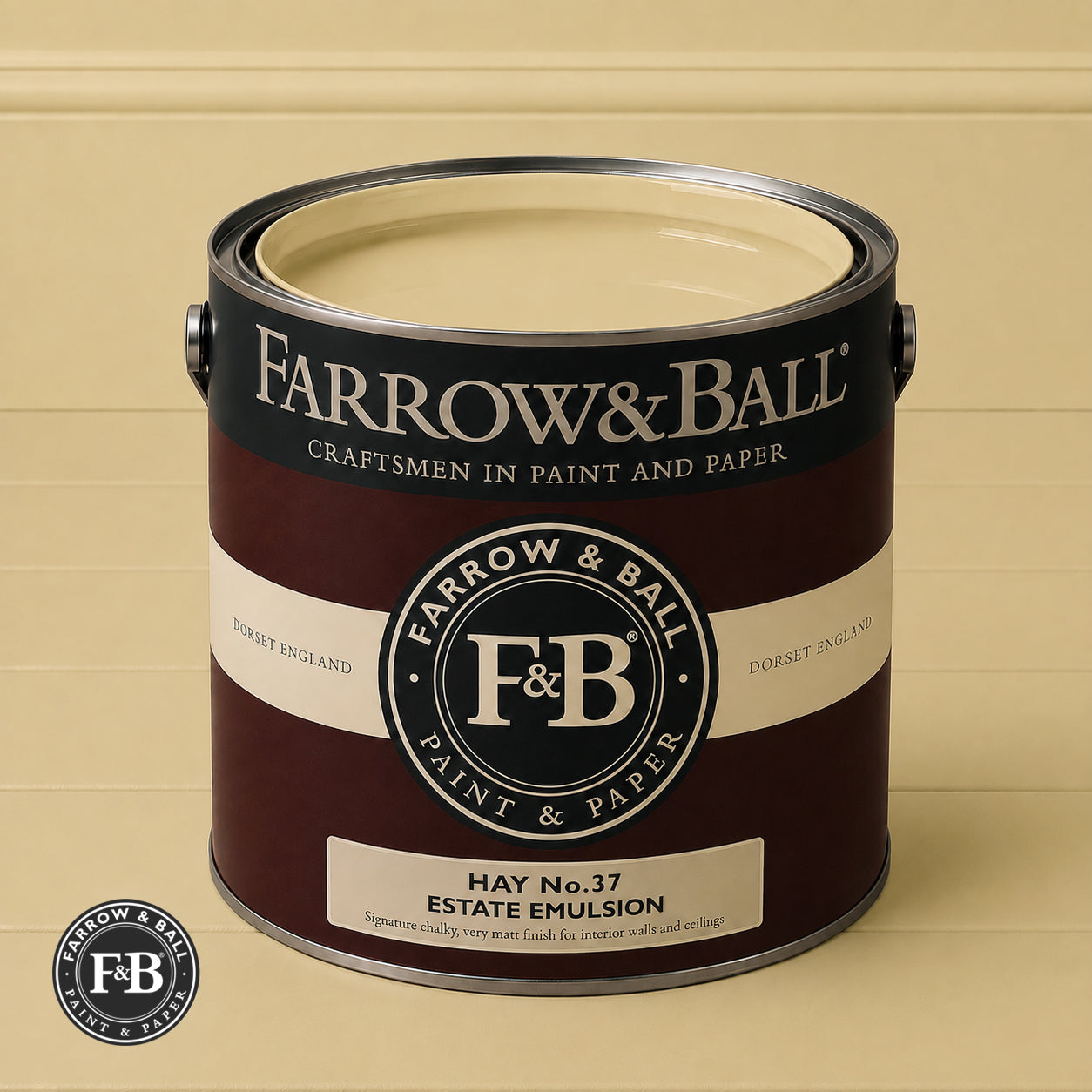 Farrow & Ball Hay No.37 paint colour in open paint tin
