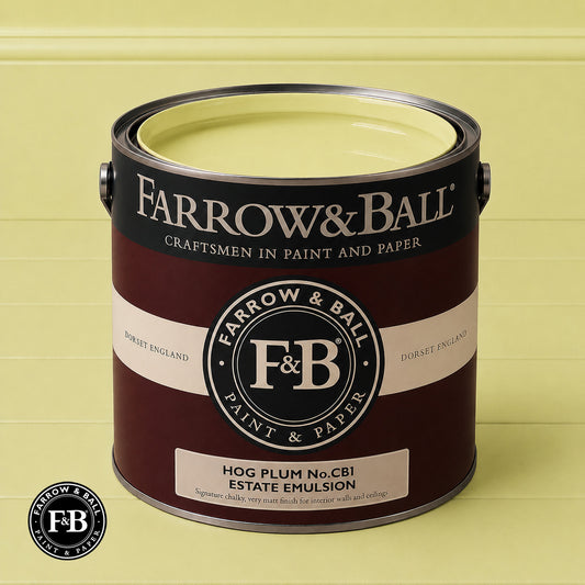 Farrow & Ball Hog Plum No.CB1 Estate Emulsion paint colour sample and paint tin
