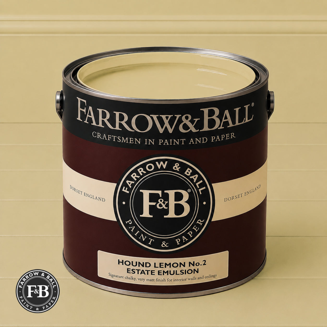 Farrow & Ball Hound Lemon No.2 Estate Emulsion paint colour sample and paint tin
