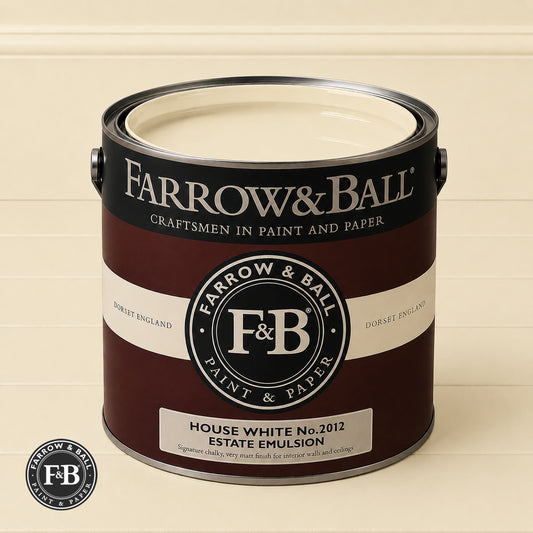 Farrow & Ball House White No.2012 Estate Emulsion paint colour sample and paint tin

