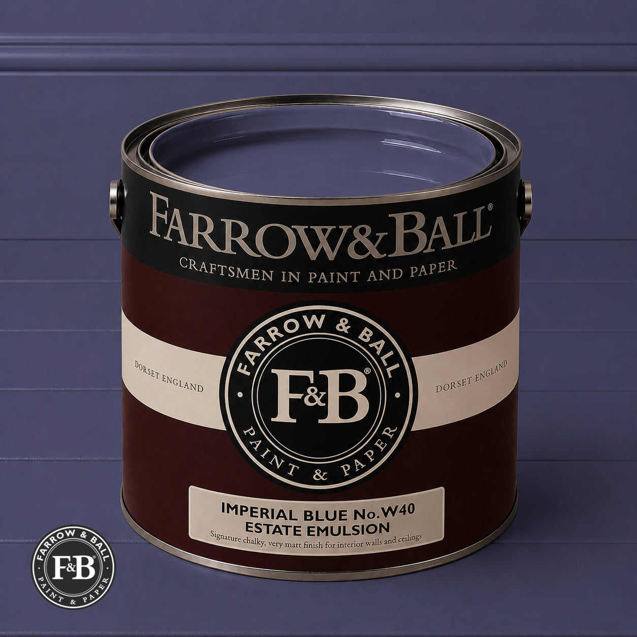 Farrow & Ball Imperial Blue No.W40 Estate Emulsion paint colour sample and paint tin
