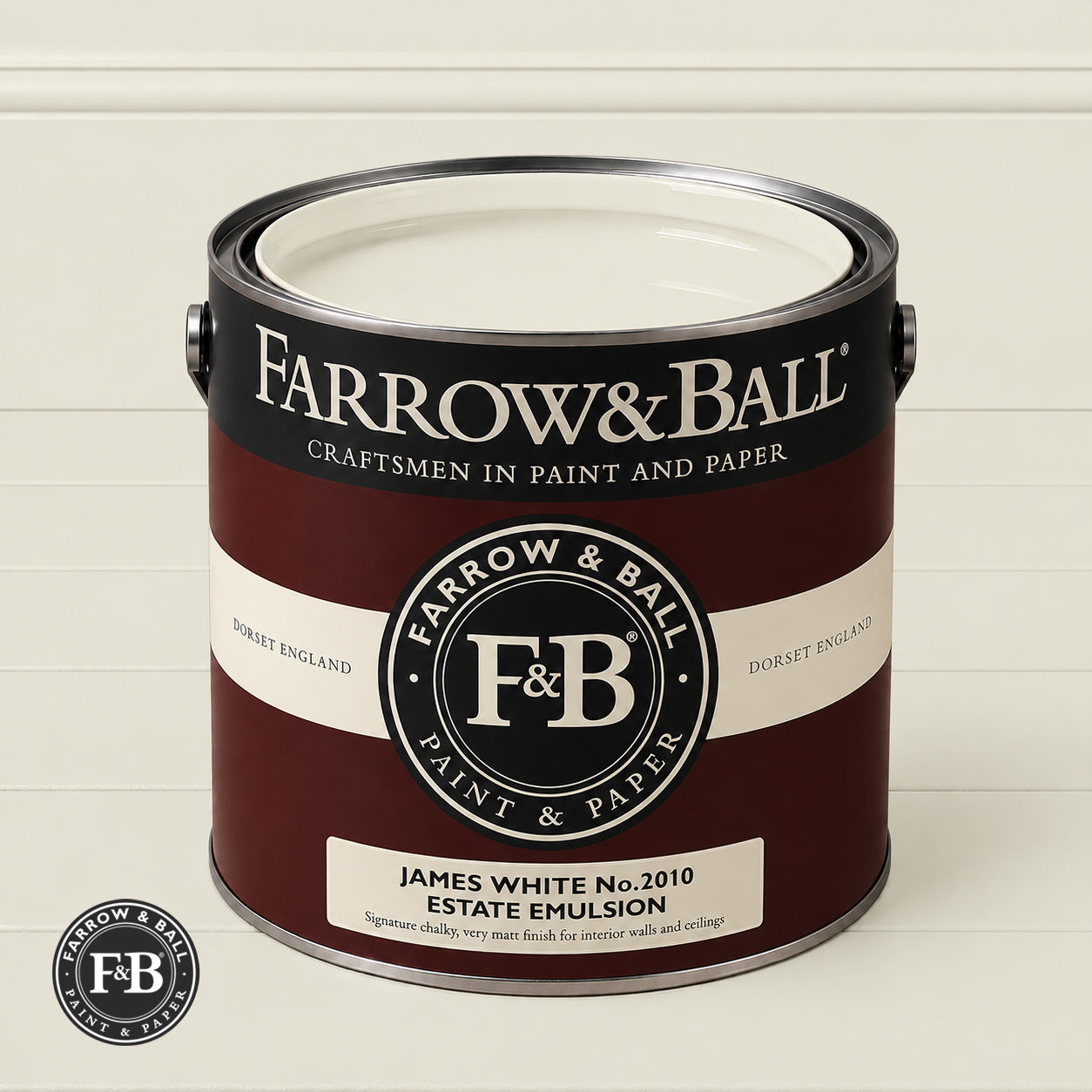 Farrow & Ball James White No.2010 paint colour in open paint tin