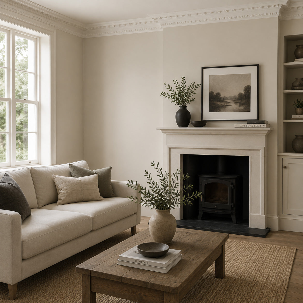 Farrow & Ball Joa's White No.226 living room with warm neutral walls and classic interior styling.