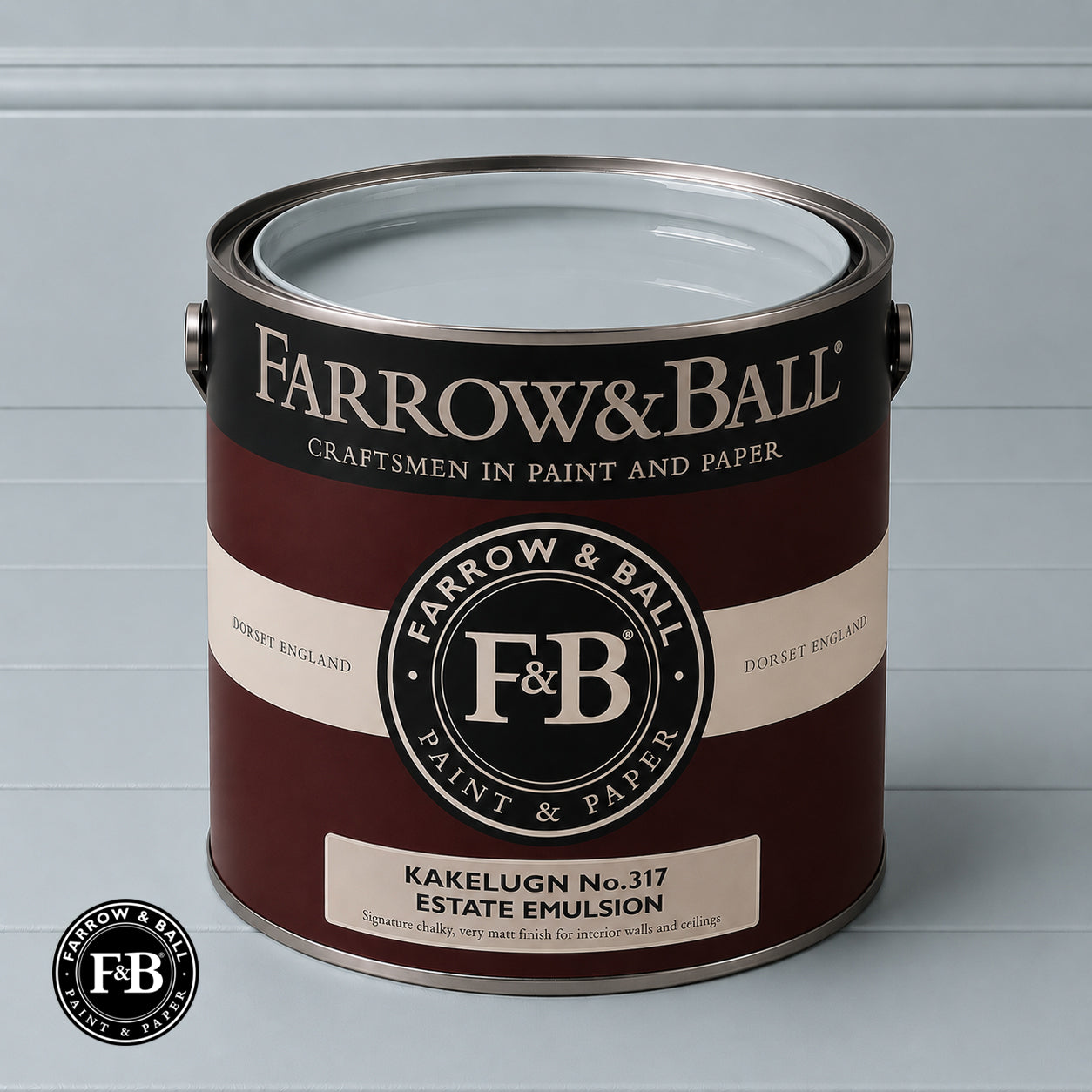 Farrow & Ball Kakelugn No.317 Estate Emulsion paint colour sample and paint tin
