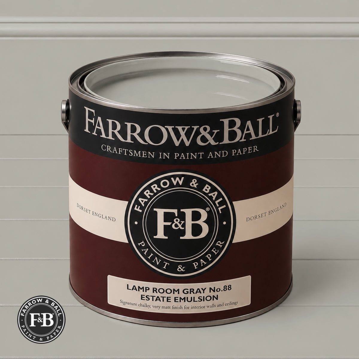 Farrow & Ball Lamp Room Gray No.88 paint colour in open paint tin