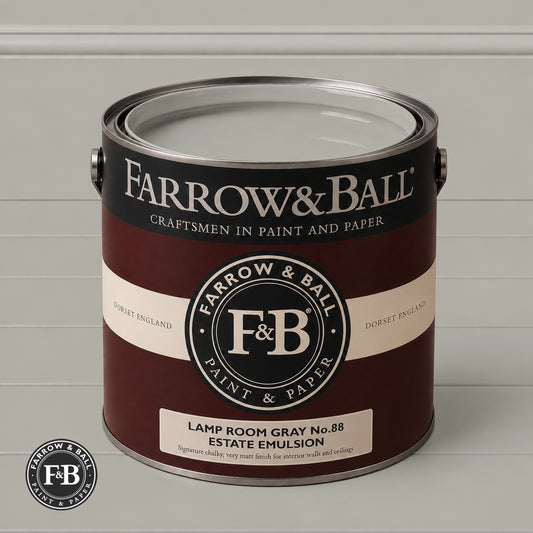 Farrow & Ball Lamp Room Gray No.88 paint colour in open paint tin