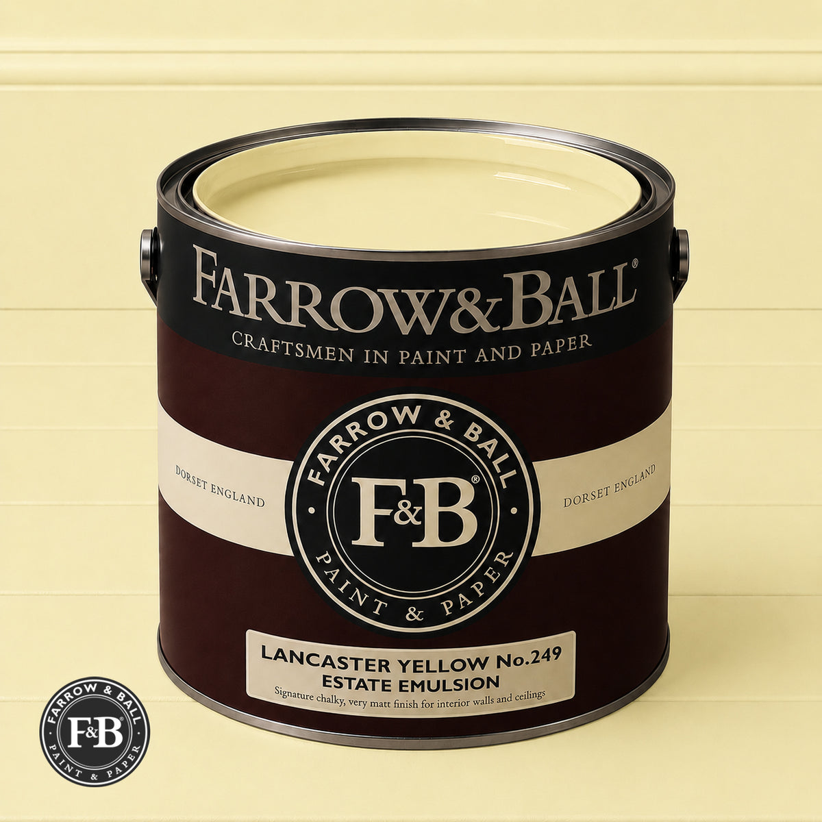 Farrow & Ball Lancaster Yellow No.249 paint colour in open paint tin