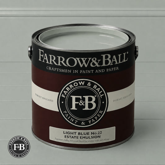 Farrow & Ball Light Blue No.22 paint colour in open paint tin