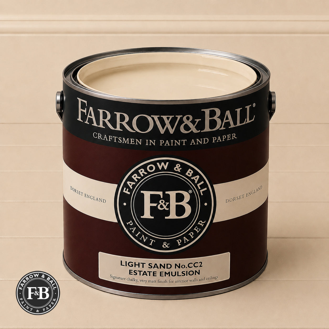 Farrow & Ball Light Sand No.CC2 Estate Emulsion paint colour sample and paint tin
