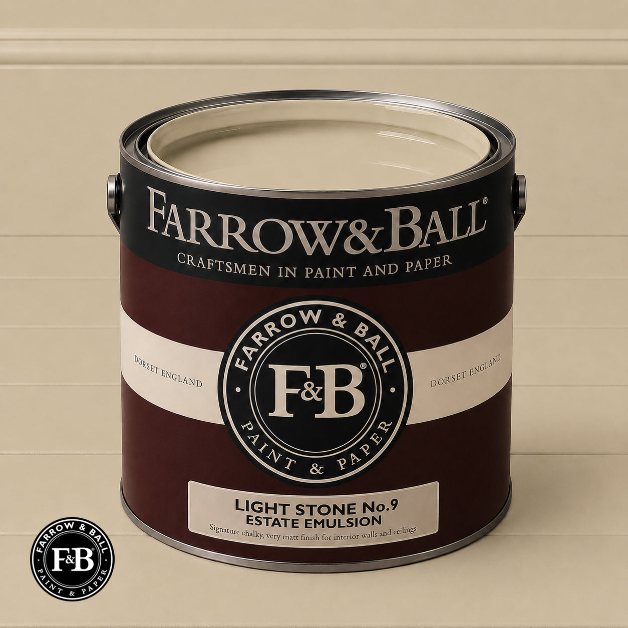 Farrow & Ball Light Stone No.9 Estate Emulsion paint colour sample and paint tin
