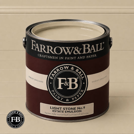 Farrow & Ball Light Stone No.9 Estate Emulsion paint colour sample and paint tin
