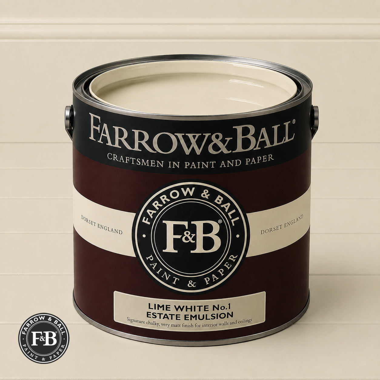 Farrow & Ball Lime White No.1 paint colour in open paint tin