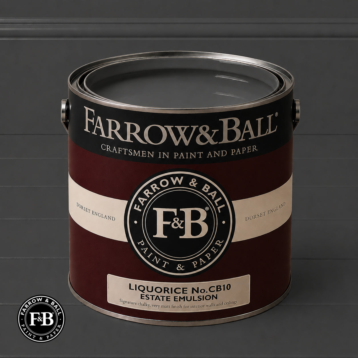Farrow & Ball Liquorice No.CB10 Estate Emulsion paint colour sample and paint tin