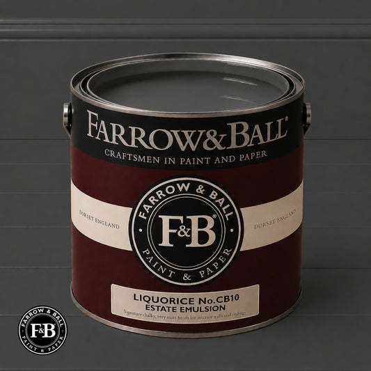 Farrow & Ball Liquorice No.CB10 Estate Emulsion paint colour sample and paint tin