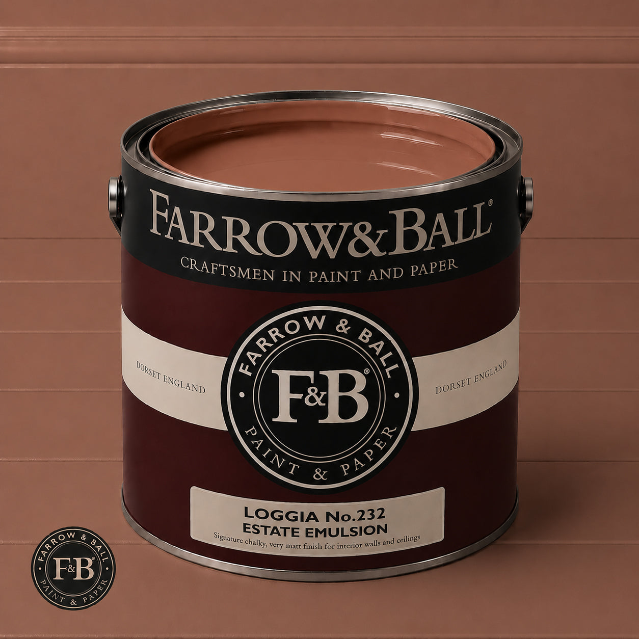 Farrow & Ball Loggia No.232 Estate Emulsion paint colour sample and paint tin
