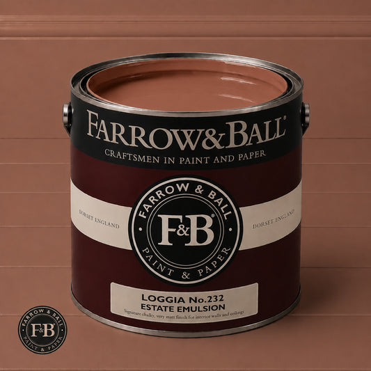 Farrow & Ball Loggia No.232 Estate Emulsion paint colour sample and paint tin
