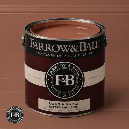 Farrow & Ball Loggia No.232 Estate Emulsion paint colour sample and paint tin