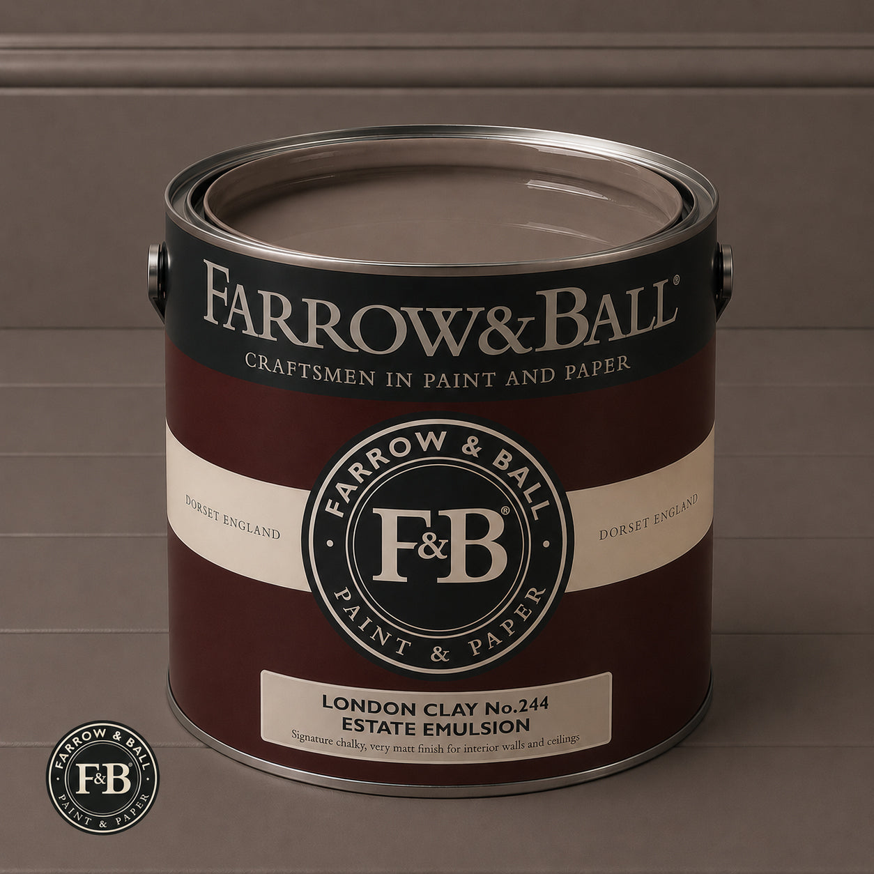 Farrow & Ball London Clay No.244 Estate Emulsion paint colour sample and paint tin