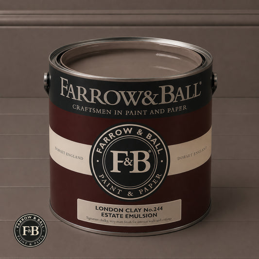 Farrow & Ball London Clay No.244 Estate Emulsion paint colour sample and paint tin