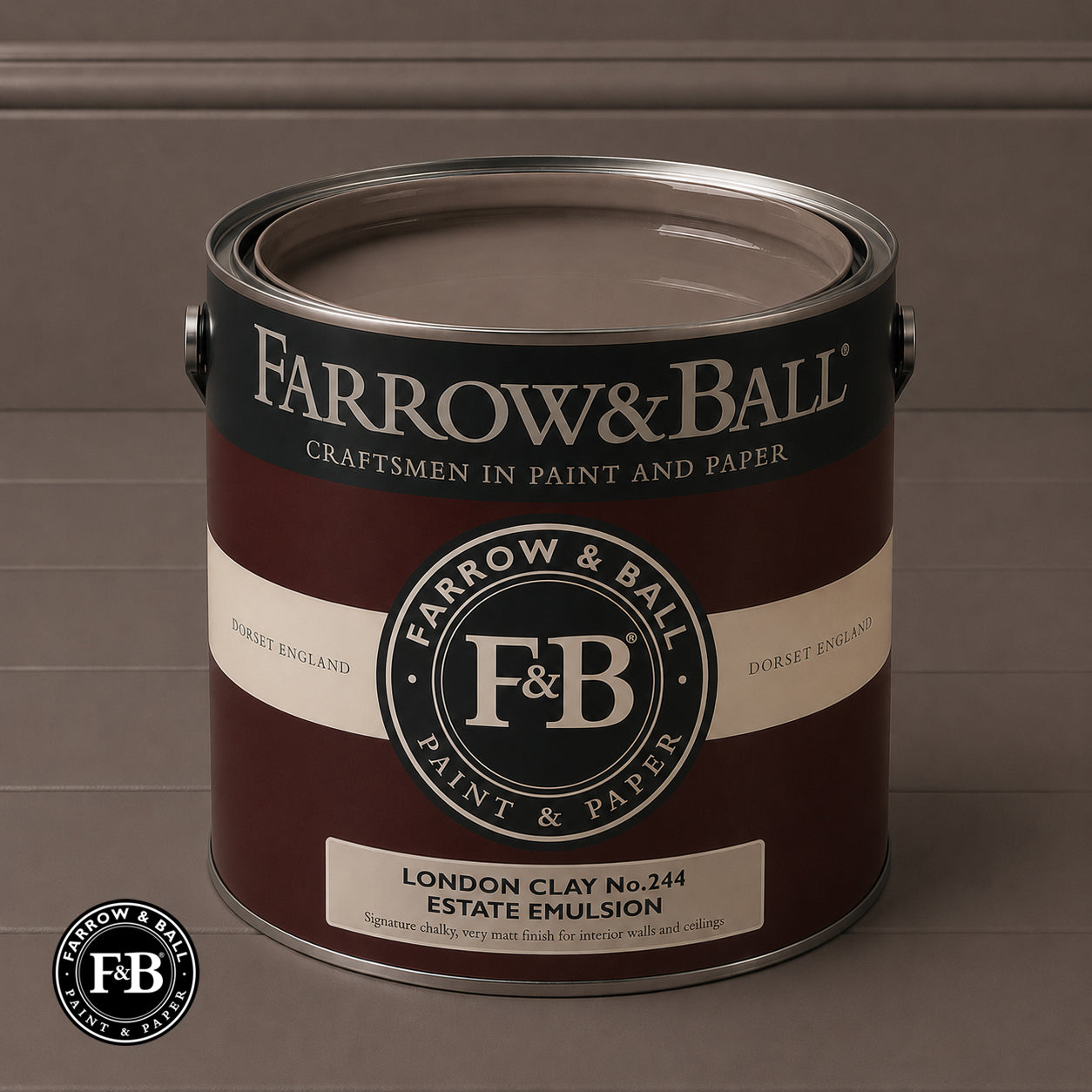 Farrow & Ball London Clay No.244 Estate Emulsion paint colour sample and paint tin