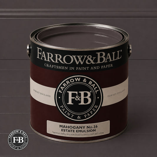 Farrow & Ball Mahogany No.36 Estate Emulsion paint colour sample and paint tin