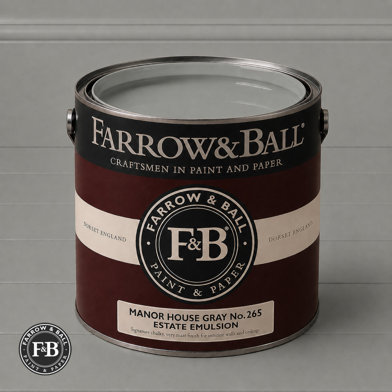 Farrow & Ball Manor House Gray No.265 Estate Emulsion paint colour sample and paint tin