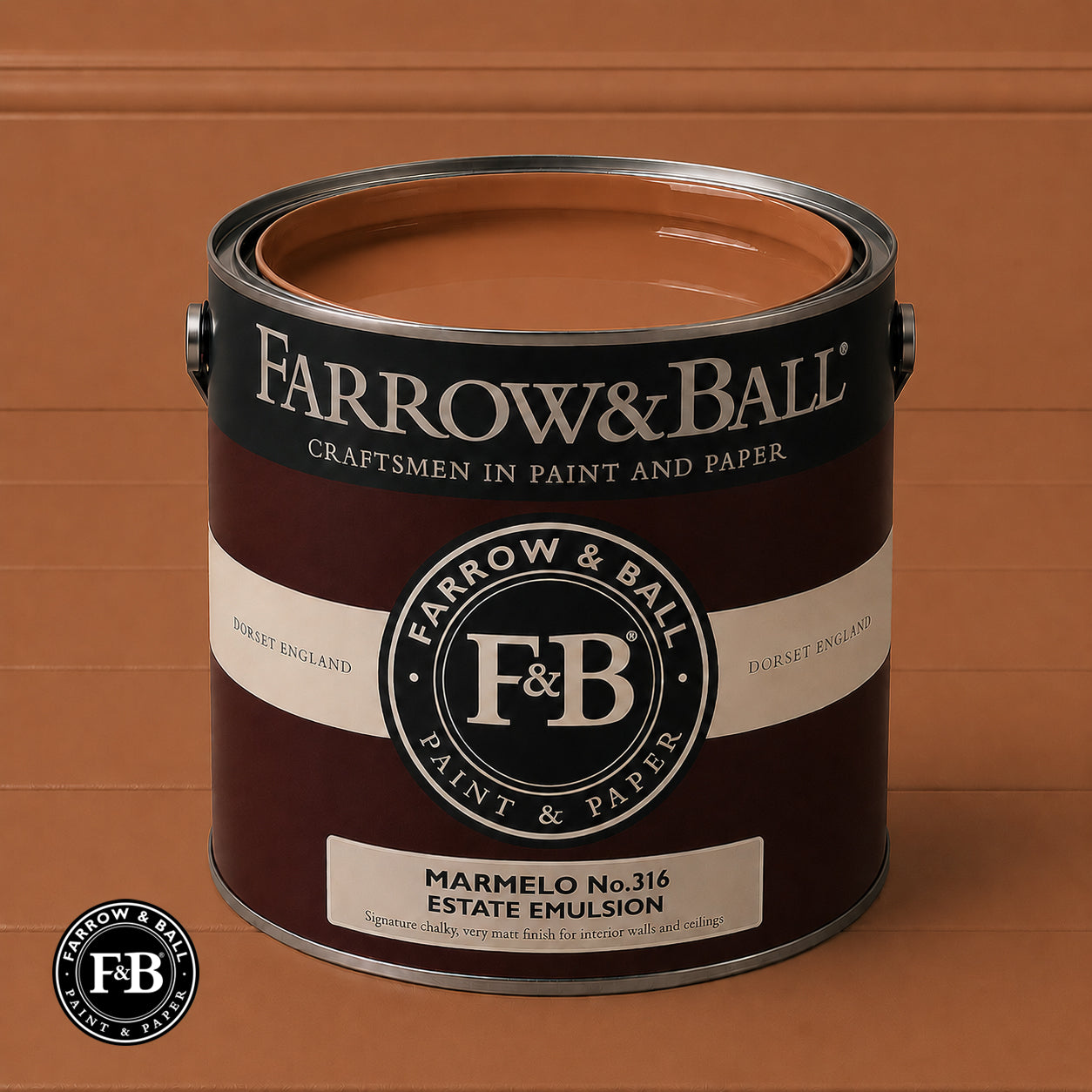 Farrow & Ball Marmelo No.316 Estate Emulsion paint colour sample and paint tin