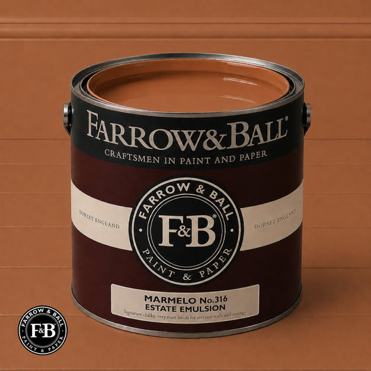 Farrow & Ball Marmelo No.316 Estate Emulsion paint colour sample and paint tin