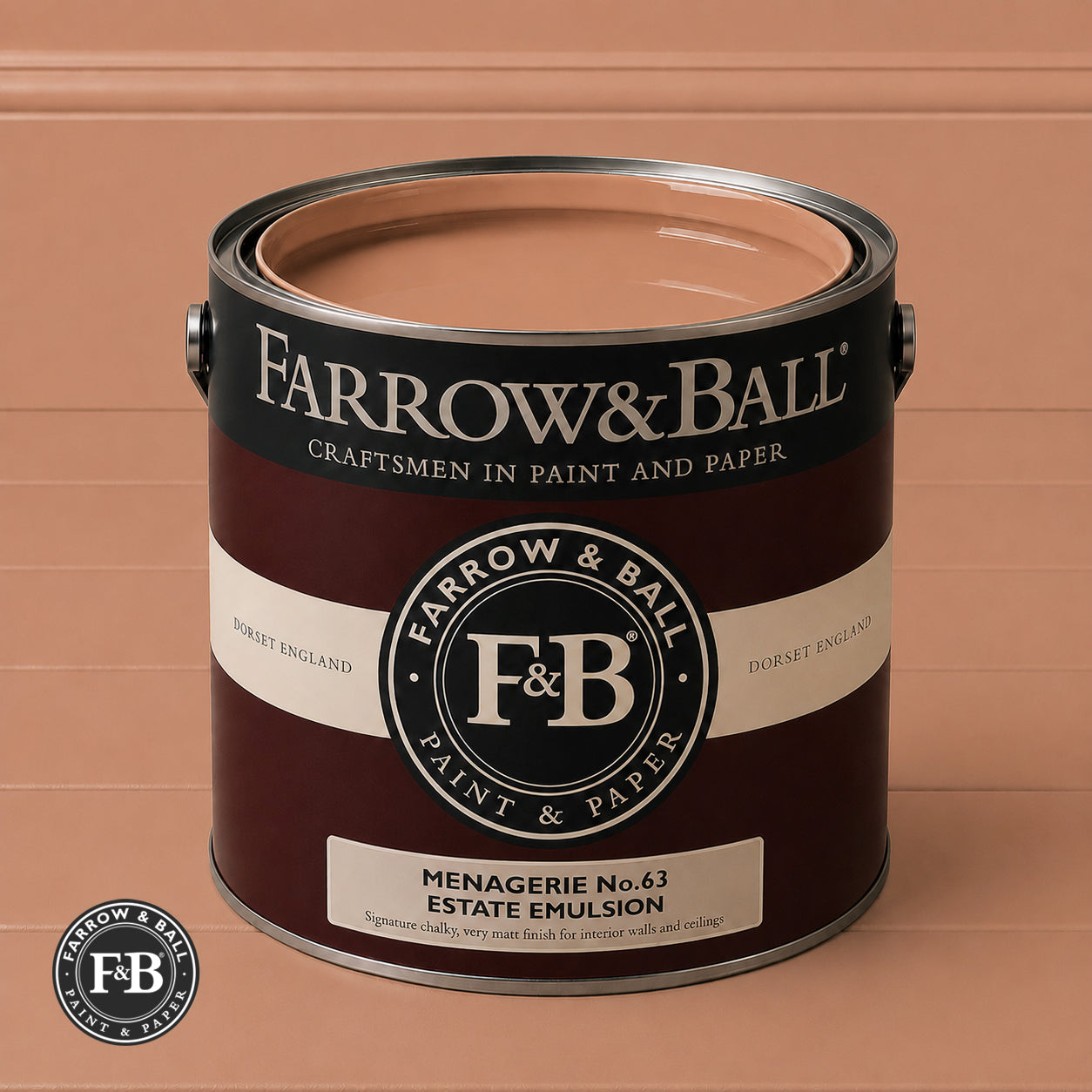 Farrow & Ball Menagerie No.63 Estate Emulsion paint colour sample and paint tin
