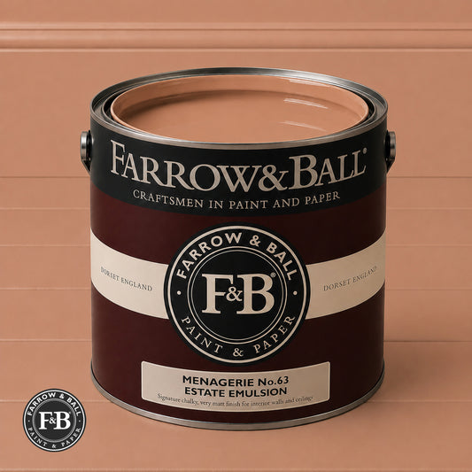 Farrow & Ball Menagerie No.63 Estate Emulsion paint colour sample and paint tin
