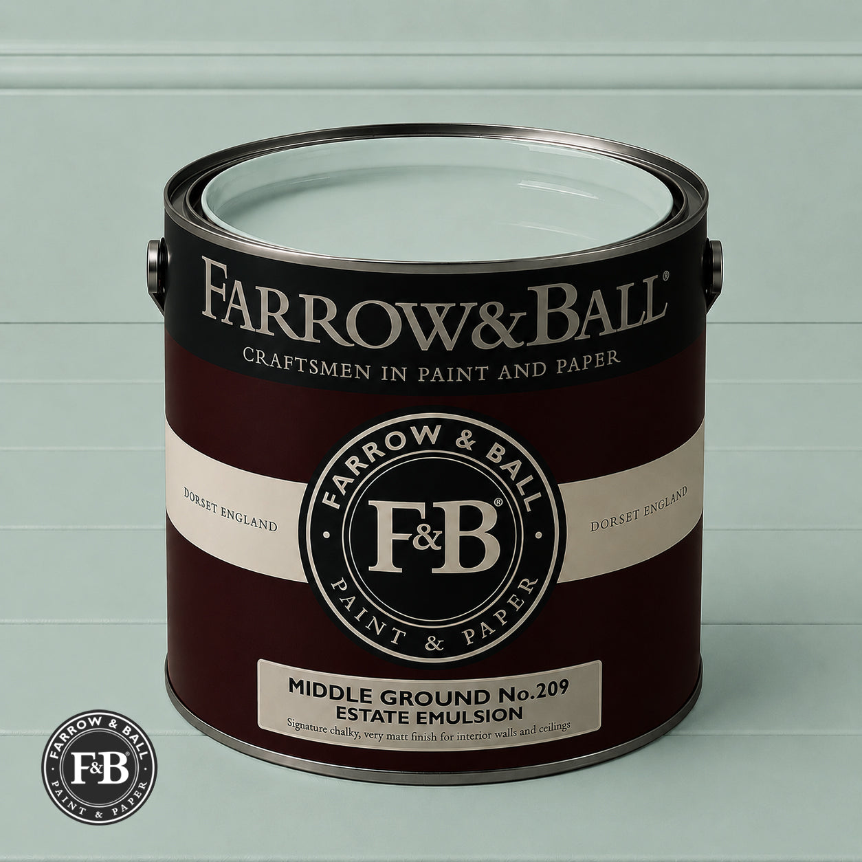 Farrow & Ball Middle Ground No.209 Estate Emulsion paint colour sample and paint tin
