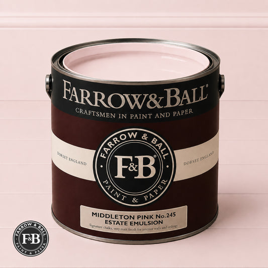 Farrow & Ball Middleton Pink No.245 Estate Emulsion paint colour sample and paint tin

