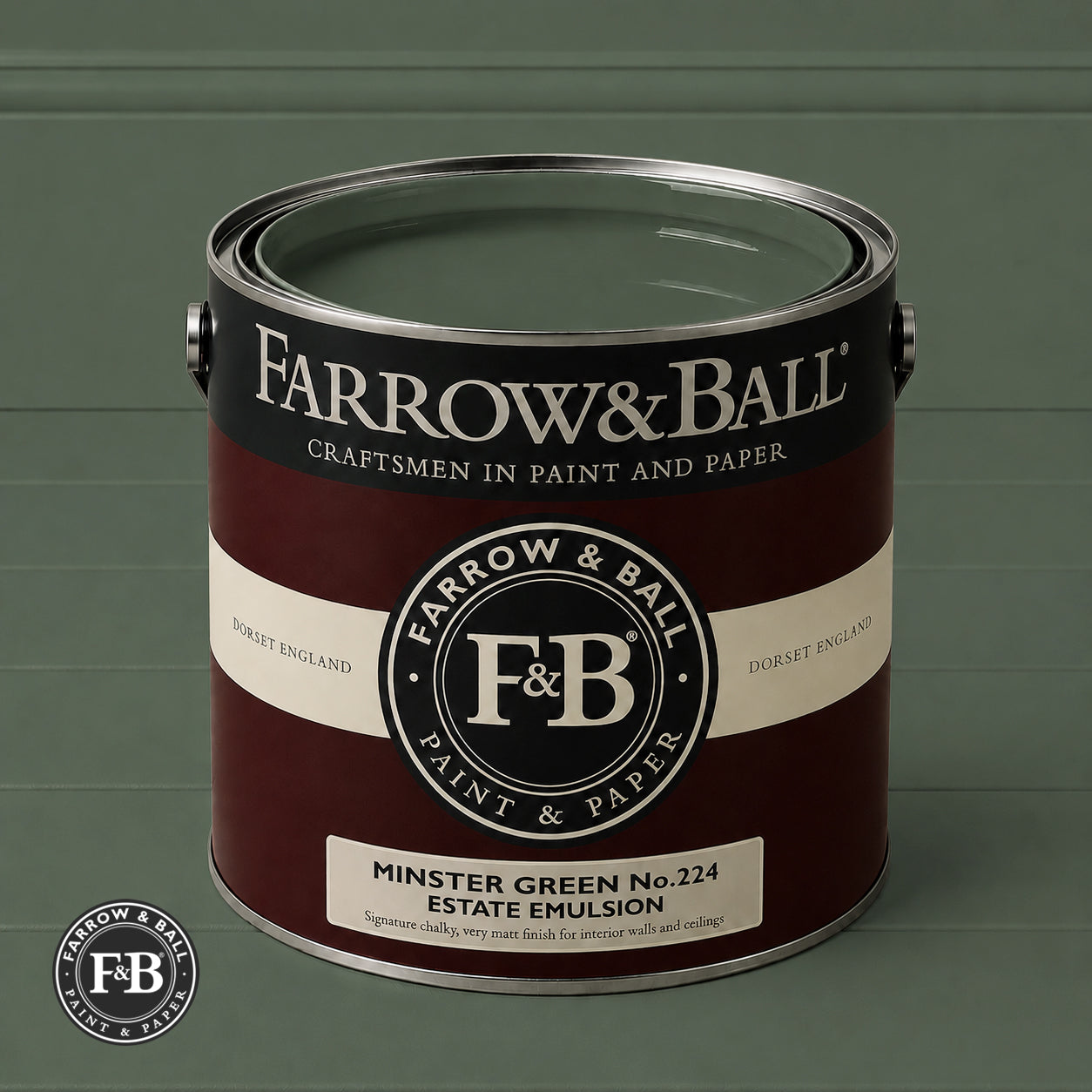 Farrow & Ball Minster Green No.224 Estate Emulsion paint colour sample and paint tin
