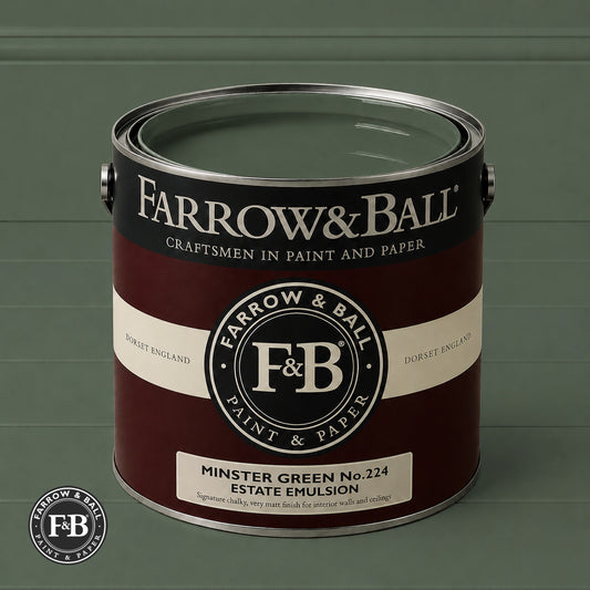 Farrow & Ball Minster Green No.224 Estate Emulsion paint colour sample and paint tin
