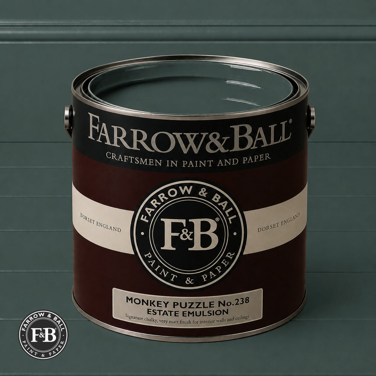 Farrow & Ball Monkey Puzzle No.238 paint colour in open paint tin