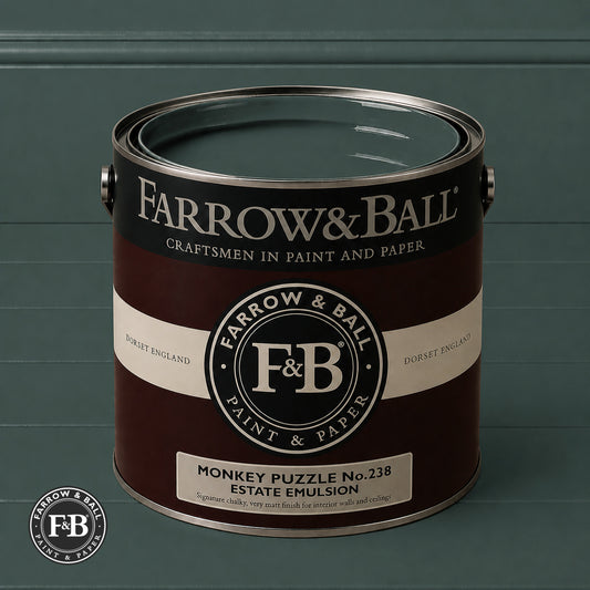Farrow & Ball Monkey Puzzle No.238 Estate Emulsion paint colour sample and paint tin