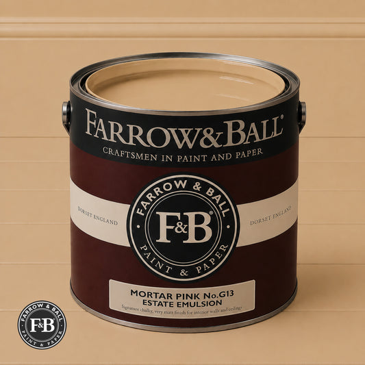 Farrow & Ball Mortar Pink No.G13 Estate Emulsion paint colour sample and paint tin
