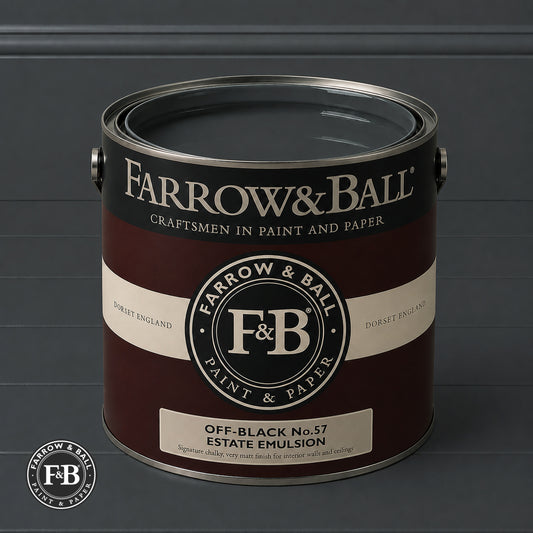 Farrow & Ball Off-Black No.57 paint colour in open paint tin