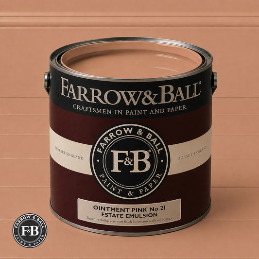 Farrow & Ball Ointment Pink No.21 Estate Emulsion paint colour sample and paint tin
