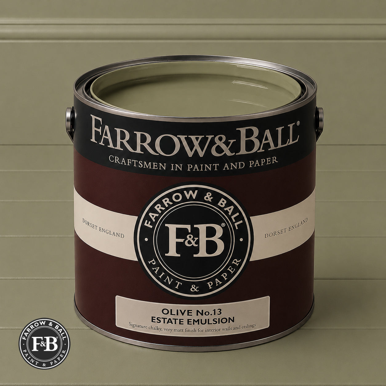 Farrow & Ball Olive No.13 Estate Emulsion paint colour sample and paint tin

