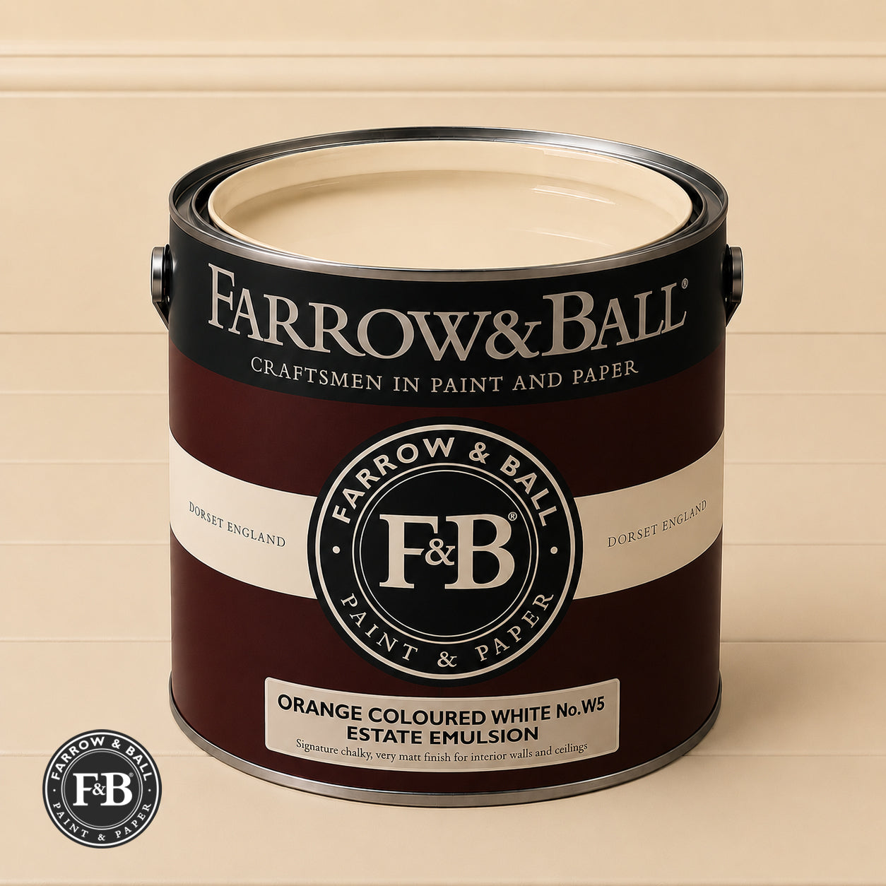 Farrow & Ball Orange Coloured White No.W5 Estate Emulsion paint colour sample and paint tin
