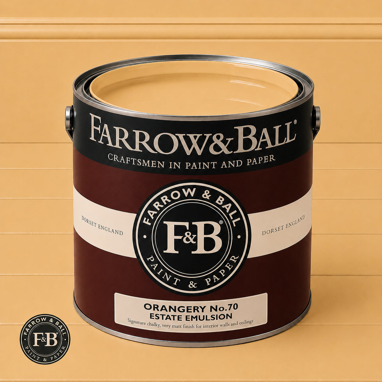 Farrow & Ball Orangery No.70 Estate Emulsion paint colour sample and paint tin

