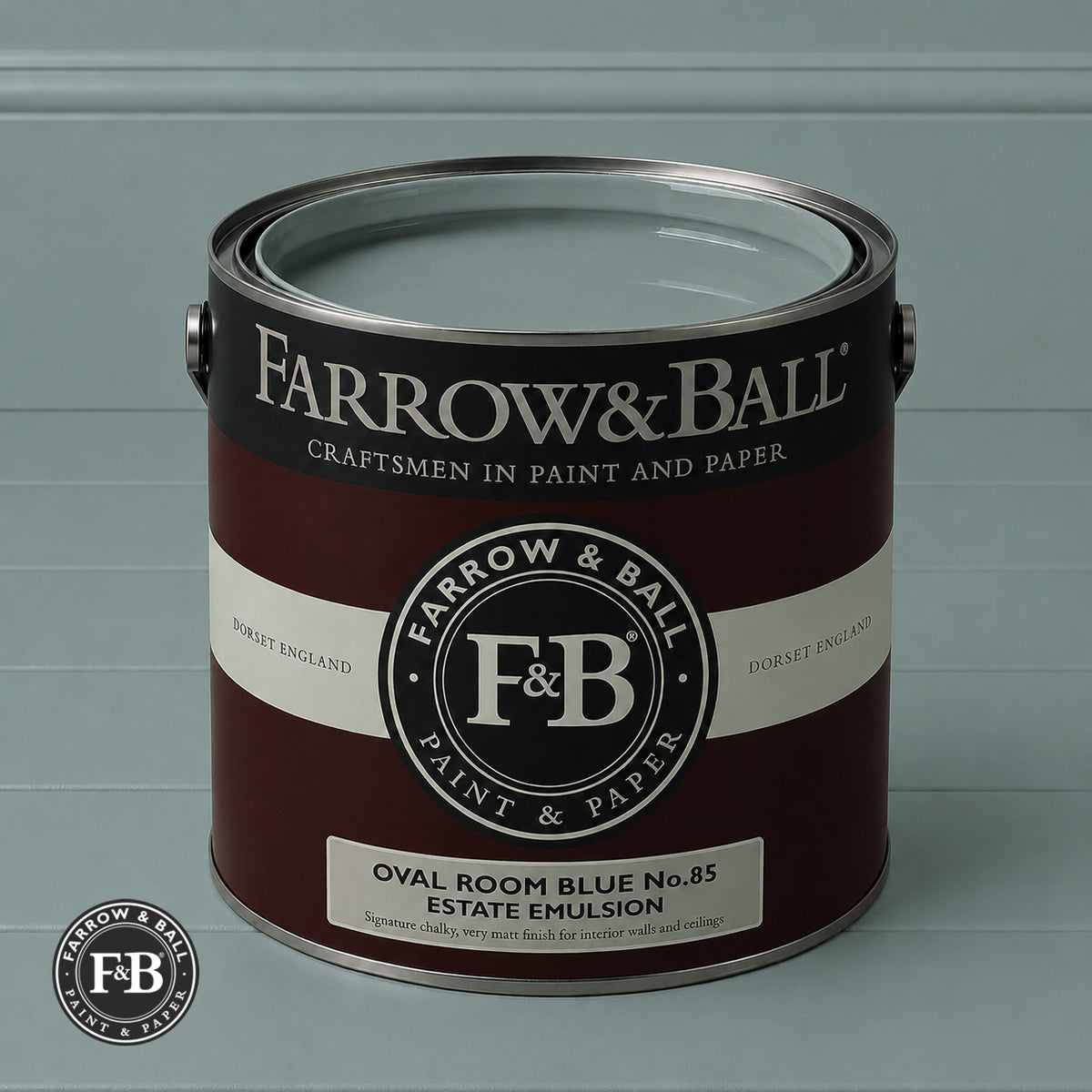 Farrow & Ball Oval Room Blue No.85 paint colour in open paint tin