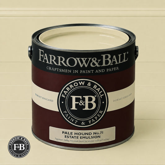 Farrow & Ball Pale Hound No71 Estate Emulsion paint colour sample and paint tin
