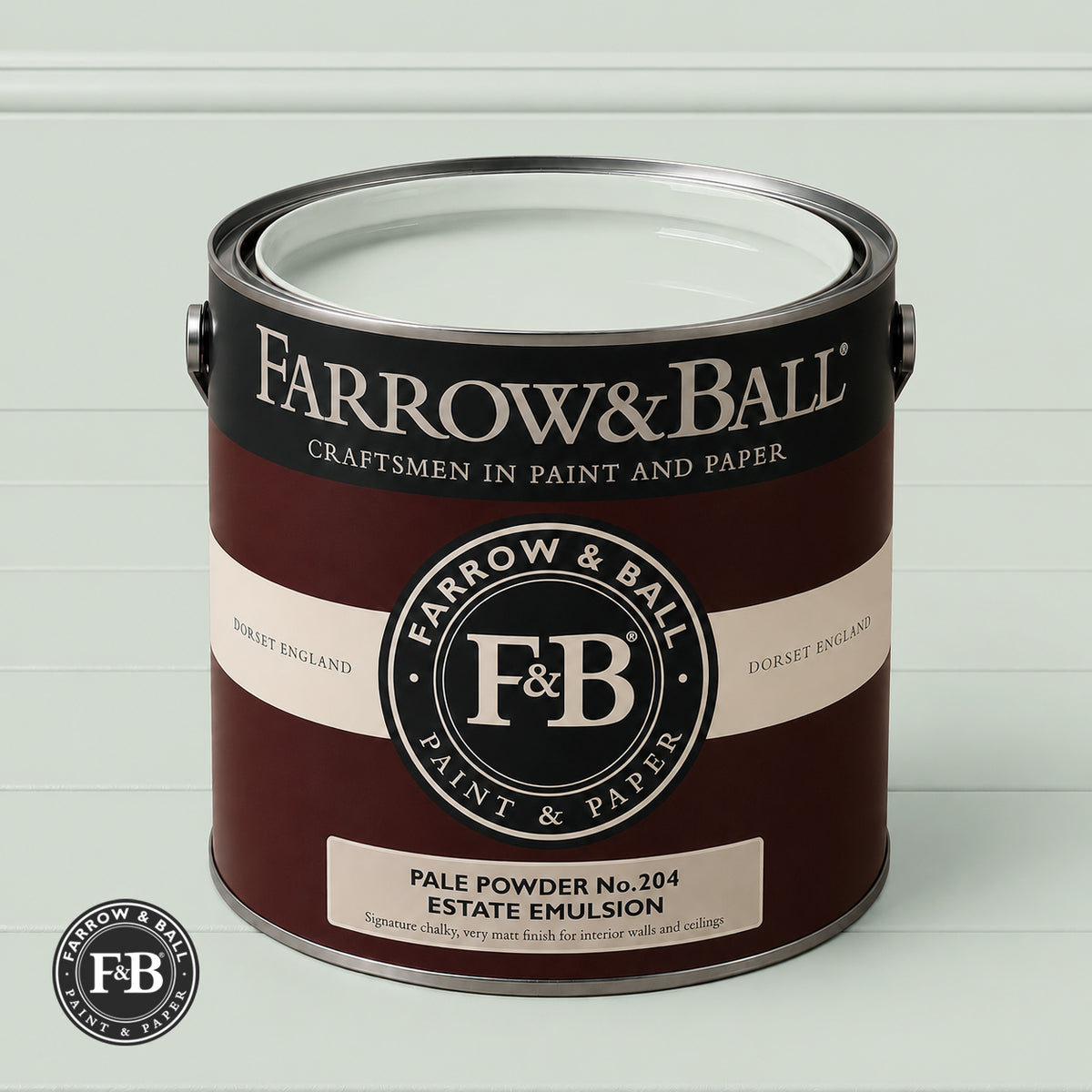 Farrow & Ball Pale Powder No.204 paint colour in open paint tin